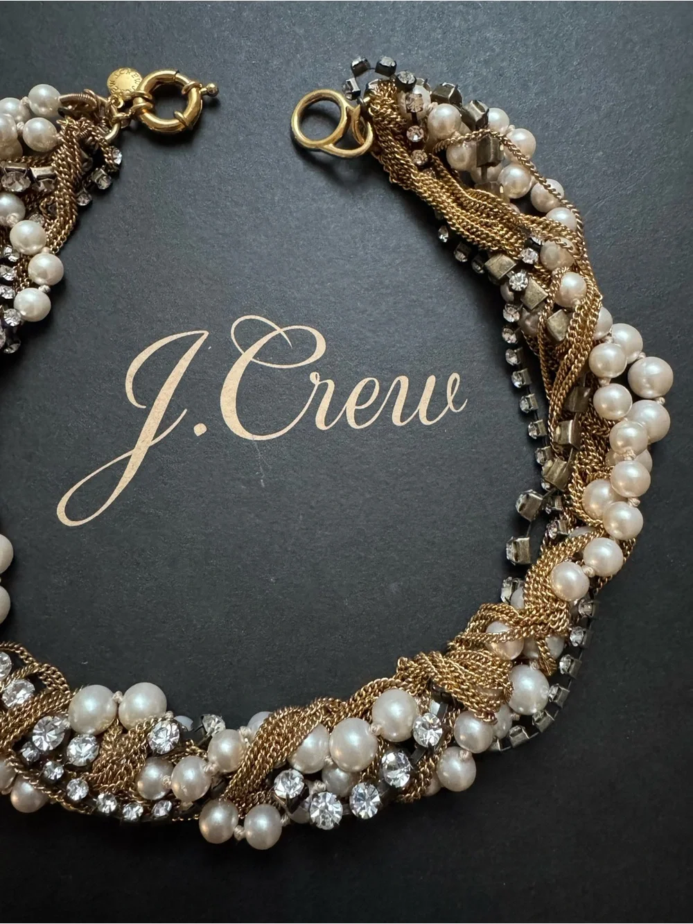 J. Crew multi-strand twisted pearl, crystal, and gold-tone chain necklace